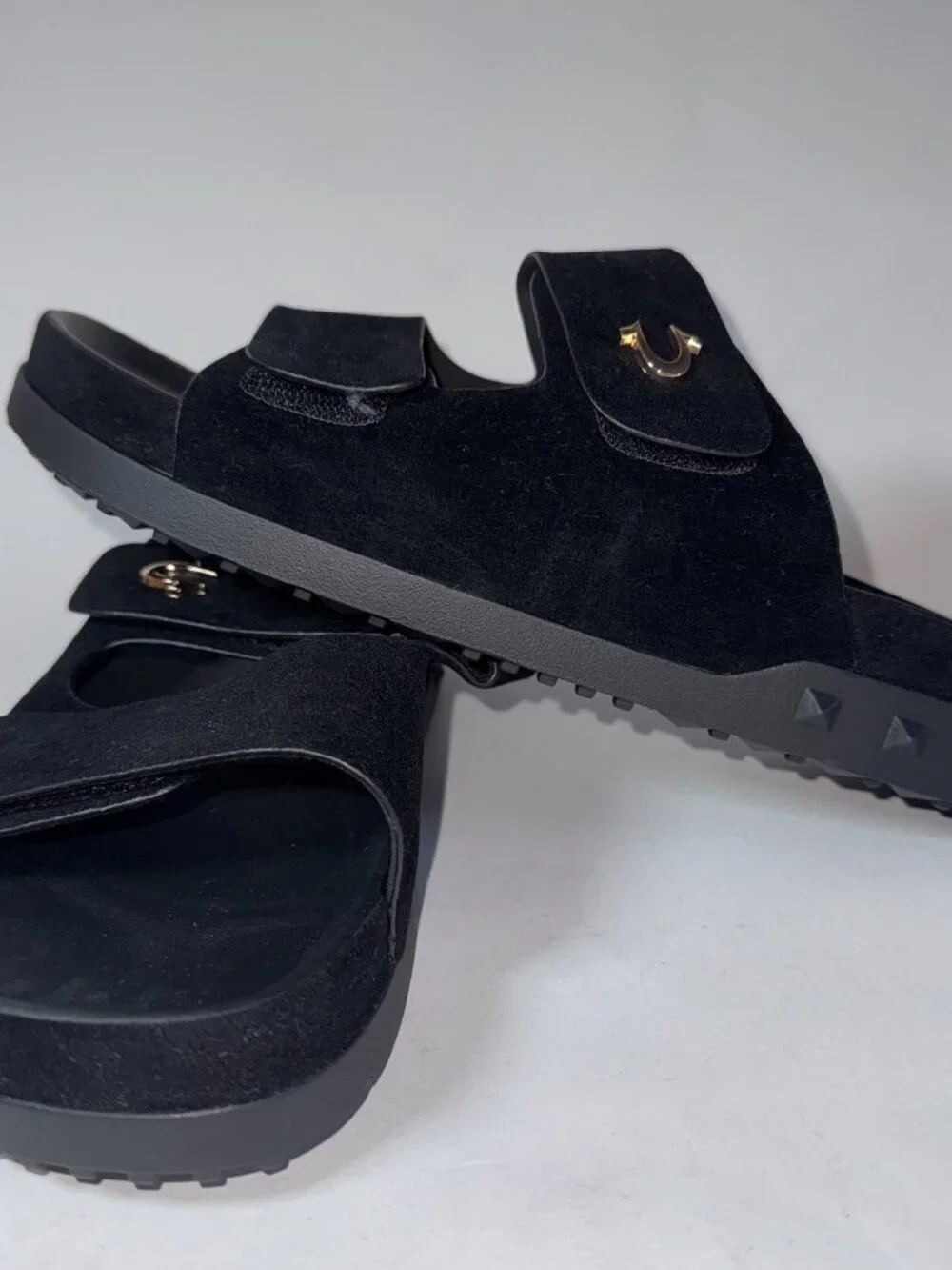 True Religion Men's Sean double-strap sandals in black,metal horseshoe logo hard